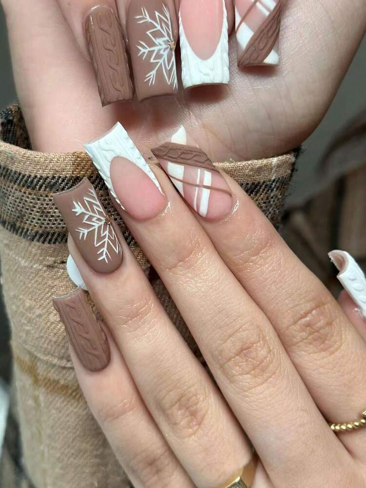 24pcs Long Square Christmas Press On Nails, Snowflake And Heart Matte French Tips, Acrylic False Nail Set With Glue & File For Holiday Wear