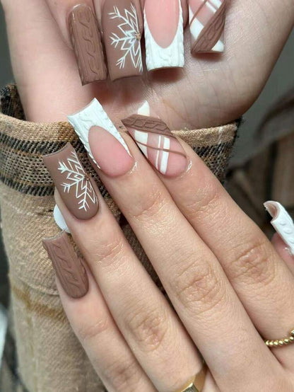 24pcs Long Square Christmas Press On Nails, Snowflake And Heart Matte French Tips, Acrylic False Nail Set With Glue & File For Holiday Wear