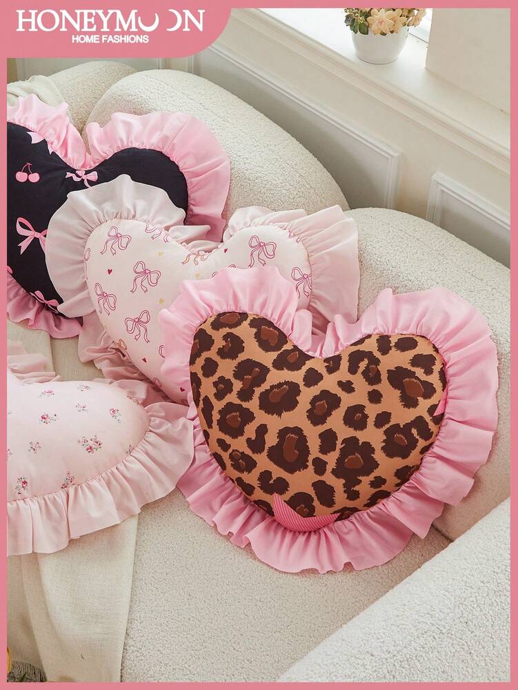 1pc Leopard Print Heart-Shaped Throw Pillow, Romantic French Ruffle Design, Decorative Cushion for Sofa, Bedroom or Living Room, OEKO-TEX Certified