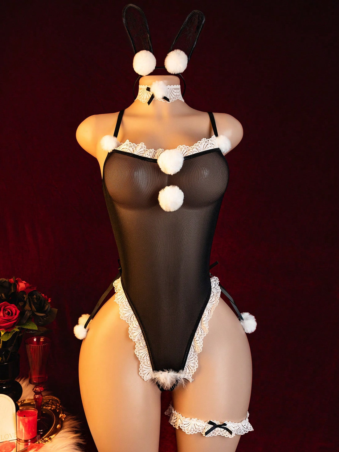 Sexy Lingerie, Roleplay, Cute Rabbit Bodystocking 4-Piece Set: Rabbit Ear Headband + Necklace + Crotchless Jumpsuit + Leg Garter, Women's Intimate Apparel, Sexy Clubwear