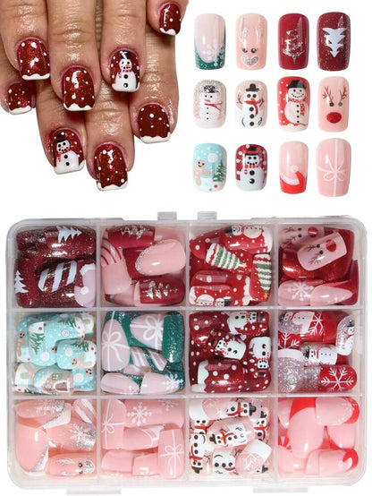 288pcs Short Square Mixed Christmas Press On Nails, Gingerbread Santa Snowman Light Strip Elk Theme, Large Acrylic Nail Set For Holiday Gift