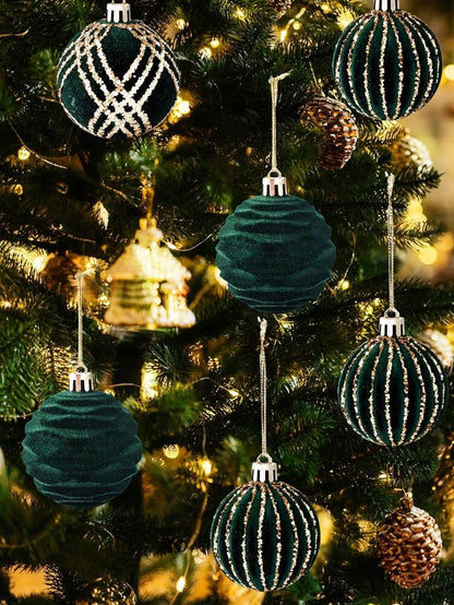 9pcs Green Velvet Christmas Tree Ball Ornaments, Flocked Painted Shatterproof Hanging Décor for Holiday Trees & Home Display