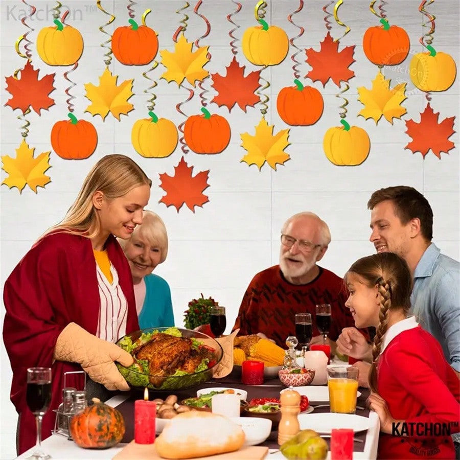 Thanksgiving Hanging Swirl Decorations (22pcs), Autumn Pumpkin and Maple Leaf Party Ornaments for Home, Classroom, or Office Fall Holiday Decor
