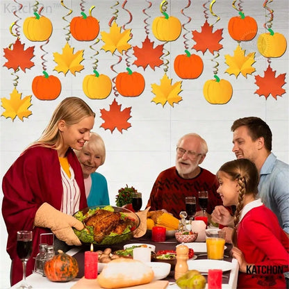 Thanksgiving Hanging Swirl Decorations (22pcs), Autumn Pumpkin and Maple Leaf Party Ornaments for Home, Classroom, or Office Fall Holiday Decor