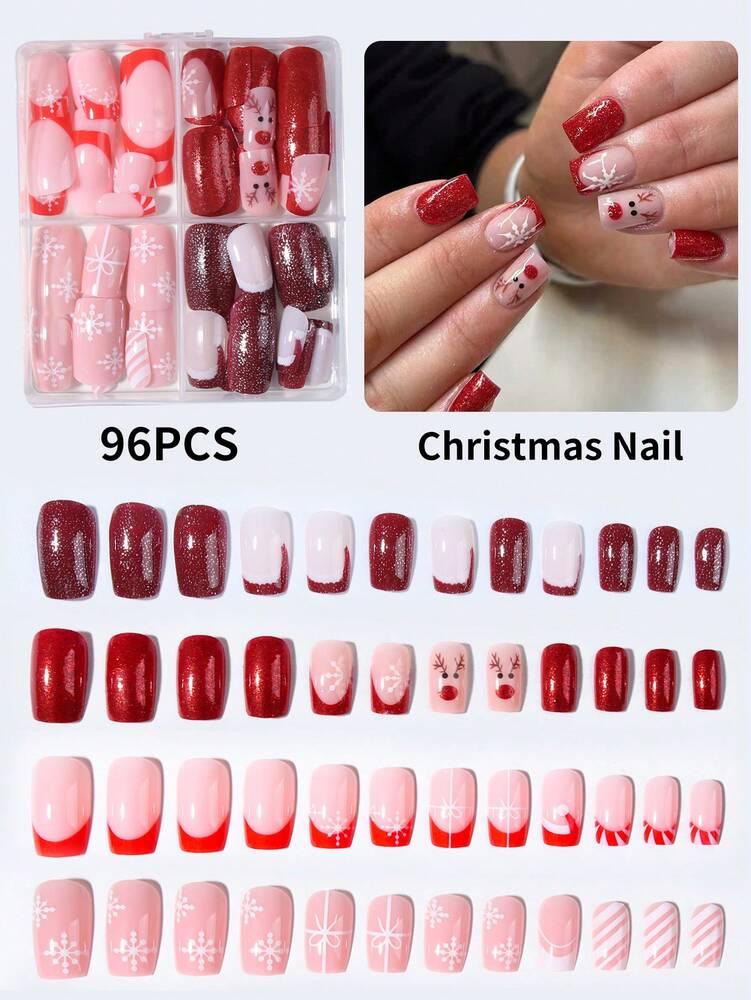 96pcs Short Square Christmas Press On Nails, Snowman Gingerbread Candy Cane Tree Star Design, Acrylic Nail Set With Jelly Glue & File For Holiday Look