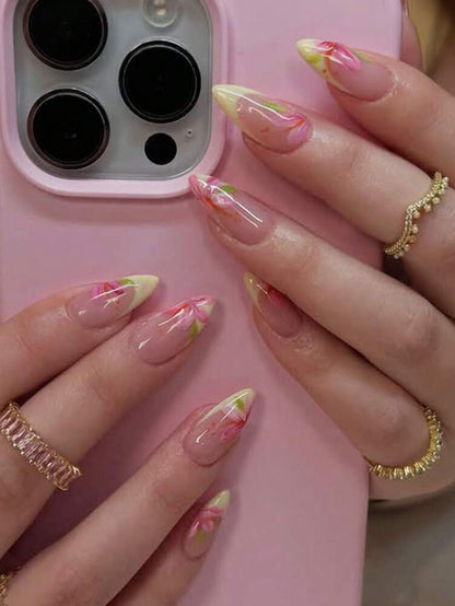 24pcs Medium Almond Press On Nails, Yellow French Tips With Floral Design, Glossy Full Cover Acrylic Nails For Women Summer Daily Nail Art