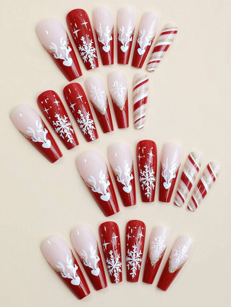 24pcs Long Coffin Christmas Press On Nails, White Elk And Snowflake Design With Gold Glitter, Elegant Glossy Nail Set For Women Daily Use