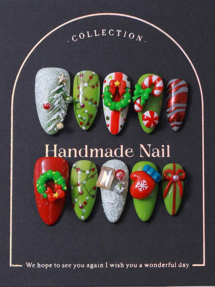 10pcs Almond Christmas Press On Nails, 3D Gloves And Hand Painted Tree Design, Y2K Hot Girl Style Handmade Nail Set For Women Holiday Look