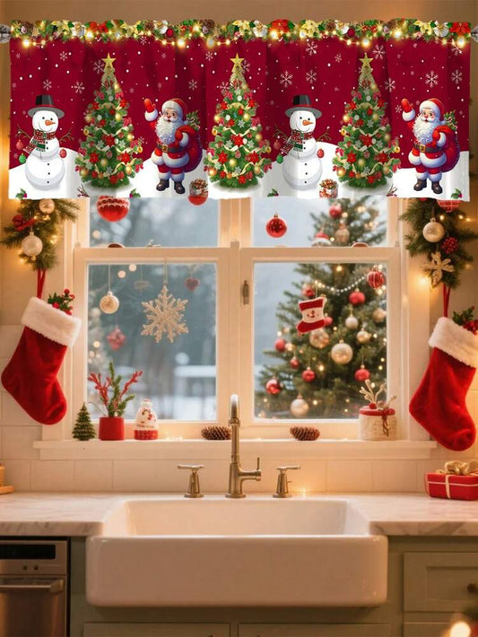 Santa Claus & Snowman Christmas Curtain Valance, 1–2 Piece Polyester Window Decor with Rod Pocket for Kitchen, Living Room or Bedroom