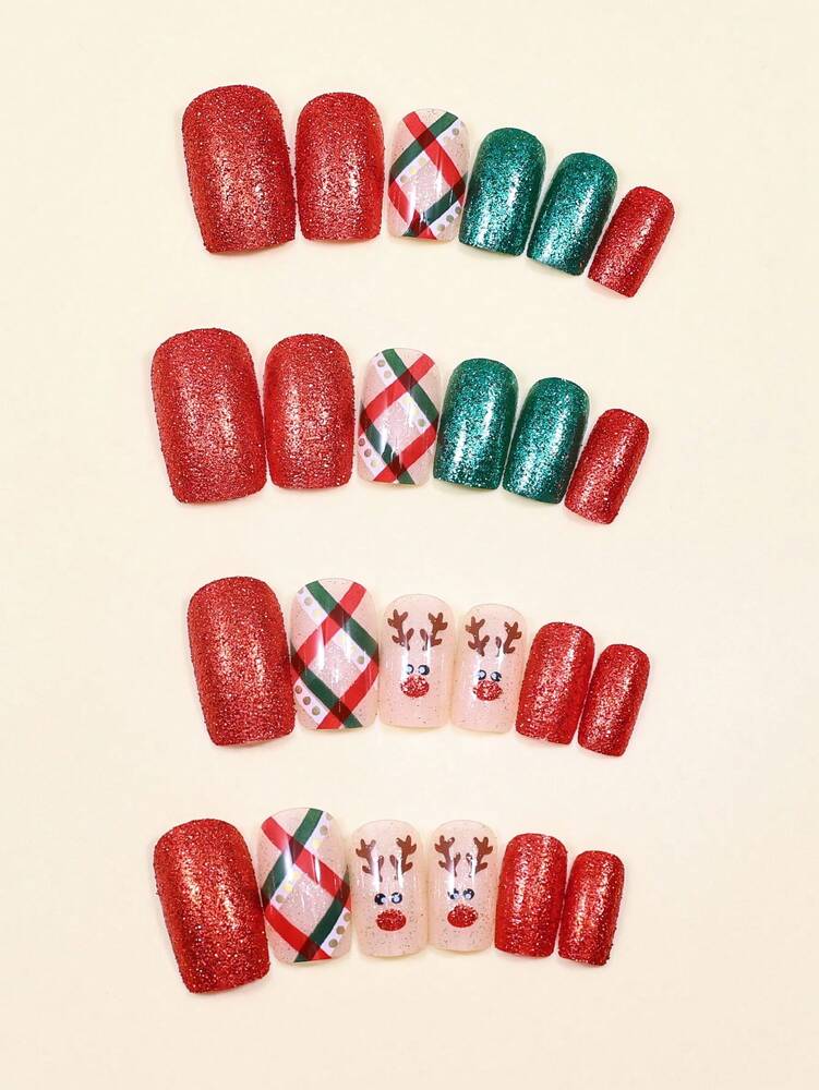 24pcs Red Glitter Christmas Press On Nails, Short Square Bling False Nails With Cute Elk Grid Design, Festive Nail Set Gift For Women Party Wear