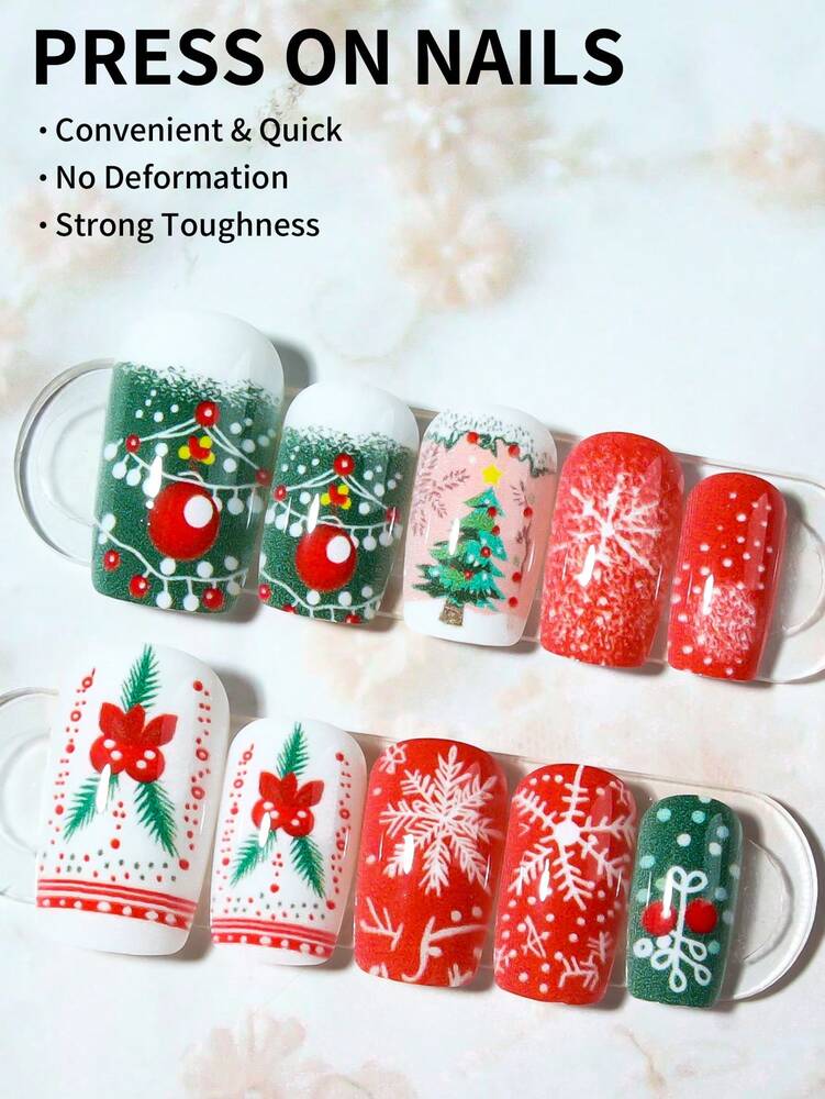 24pcs Short Square Christmas Press On Nails, Snowman Tree Elk French Tips, Acrylic False Nail Set With Glue & File For Holiday Daily Wear
