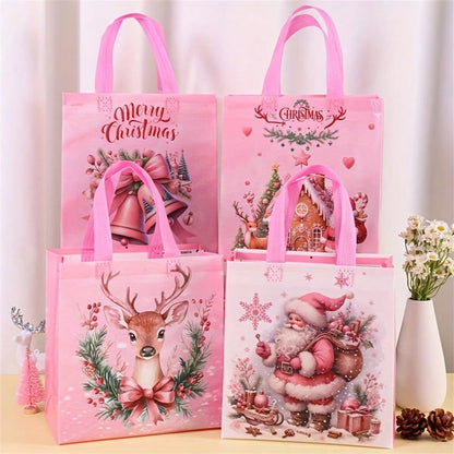 8pcs Pink Christmas Tote Bags with Handles, Reusable Non-Woven Gift Bags with Santa, Elk & Bell Prints for Holiday Packaging & Festive Decor
