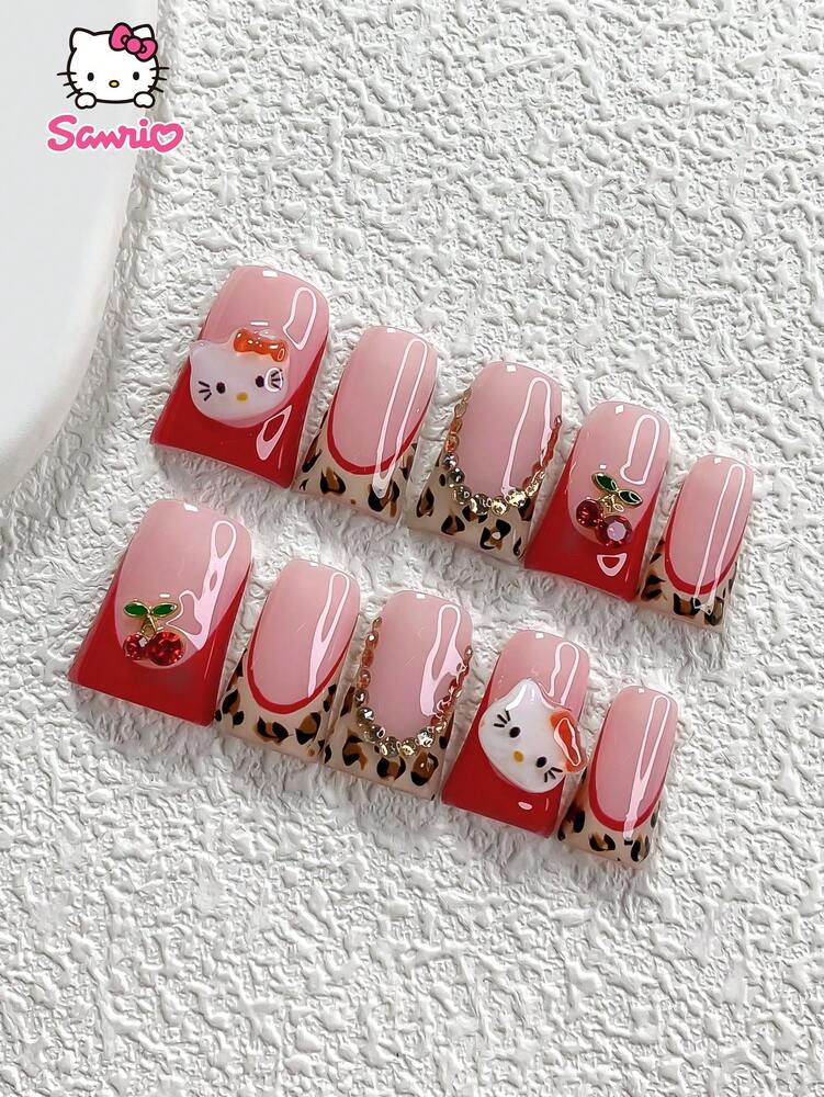 10pcs Sanrio Fall Press On Nails, 3D Hello Kitty Red French With Leopard Pattern And Rhinestone Cherry Charms, Handmade Cute Nail Set