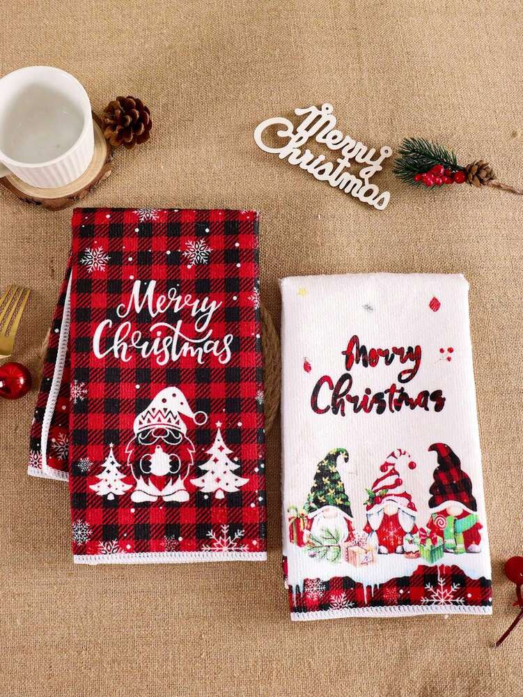 2pcs Christmas Gnome Hand Towels, Red & Black Plaid Microfiber Kitchen & Bathroom Towels, Soft Absorbent Holiday Home Decor