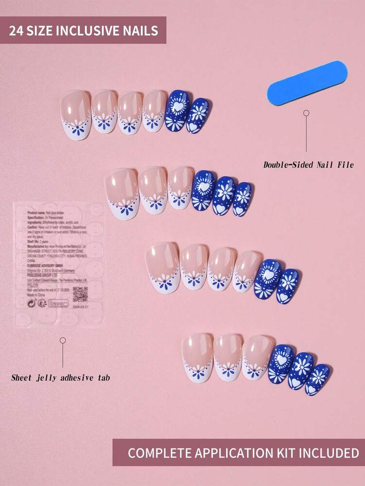 24pcs Short Oval Press On Nails, Nude French Tips With Heart And Flower Design, Full Cover Acrylic Nails For Women With Jelly Glue & File