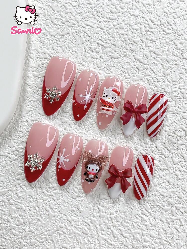 10pcs Sanrio Christmas Press On Nails, 3D Hello Kitty Red Bow And Snowflake Charms, Handmade French Tips For Winter Party Nail Art