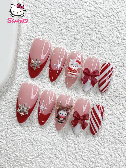 10pcs Sanrio Christmas Press On Nails, 3D Hello Kitty Red Bow And Snowflake Charms, Handmade French Tips For Winter Party Nail Art