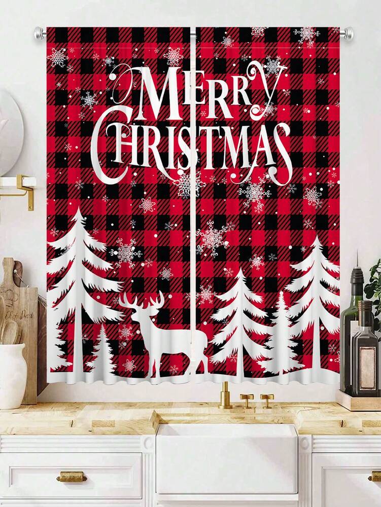 2-Piece Christmas Reindeer and Tree Blackout Curtain Set, Holiday Window Panels for Home Living Room or Bedroom Decor