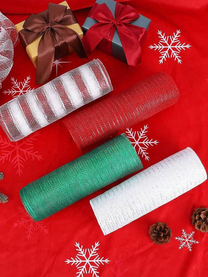10 Yards Christmas Glitter Mesh Ribbon Roll, Shimmering DIY Craft Material for Gift Wrapping, Flower Bows, and Holiday Wreath Decorations