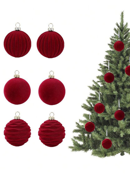 12pcs Burgundy Velvet Christmas Ball Set, Soft Flocked Pom Pom Ornaments, Luxurious Baubles for Holiday Trees, Gifts, and 2026 New Year Decorations