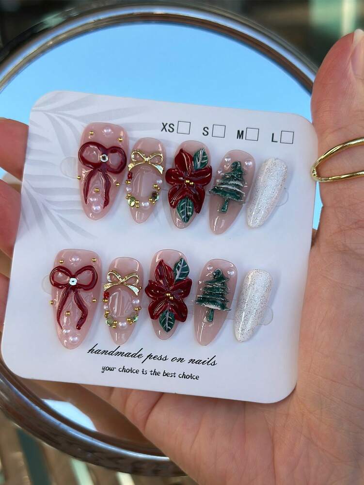 10pcs Christmas Press On Nails, Red Floral And Green Tree Design With Glitter Bow Accents, Cute Almond Full Cover Nail Set Gift For Women