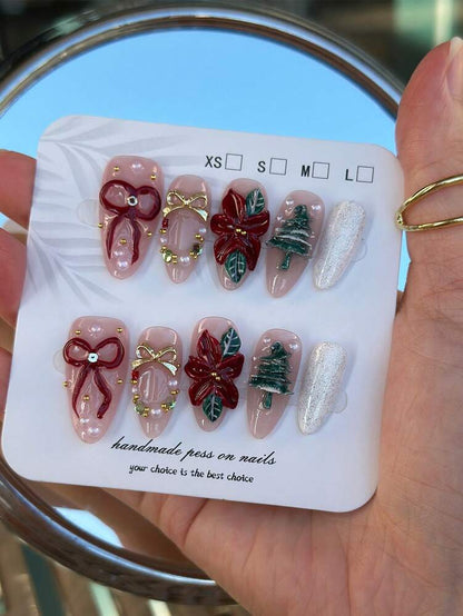10pcs Christmas Press On Nails, Red Floral And Green Tree Design With Glitter Bow Accents, Cute Almond Full Cover Nail Set Gift For Women