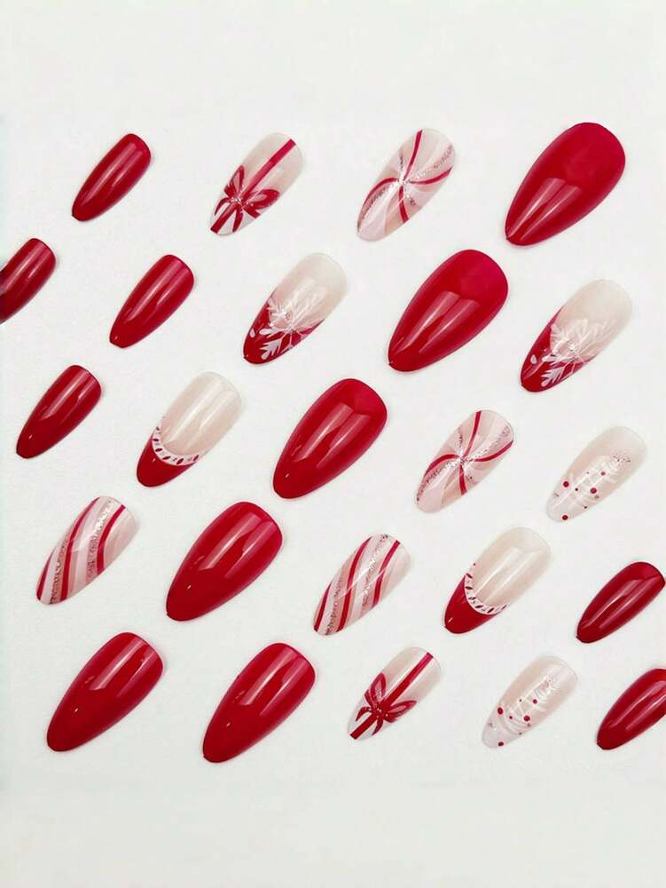 24pcs Almond Red White Rabbit Press On Nails, Ribbon And Heart Design, Cute Christmas Nail Set For Women Girls Holiday Wear