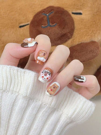 10pcs Short Trapezoid Press On Nails, Brown And White Capybara Design, Cute Handmade Acrylic Nails For Women Daily School Or Party Wear