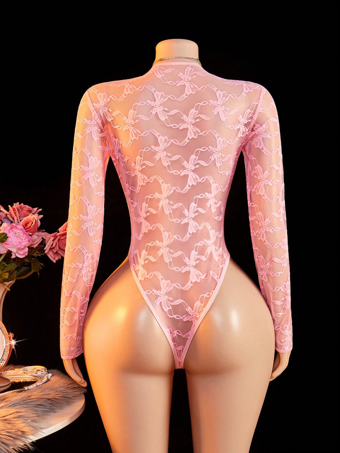 Women Mesh Long Sleeve Bodysuit With Floral Print And Front Tie Detail, Lightweight Fabric Construction, One-Piece Structure, Suitable For General Wear And Styling