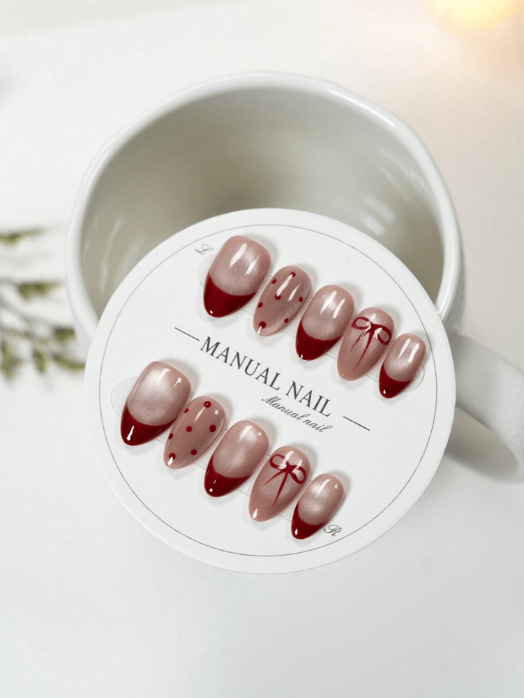 10pcs Short Almond Press On Nails, Cat Eye French Tips With Bow Accent, Elegant Handmade Acrylic Nail Set For Women Wedding Or Party