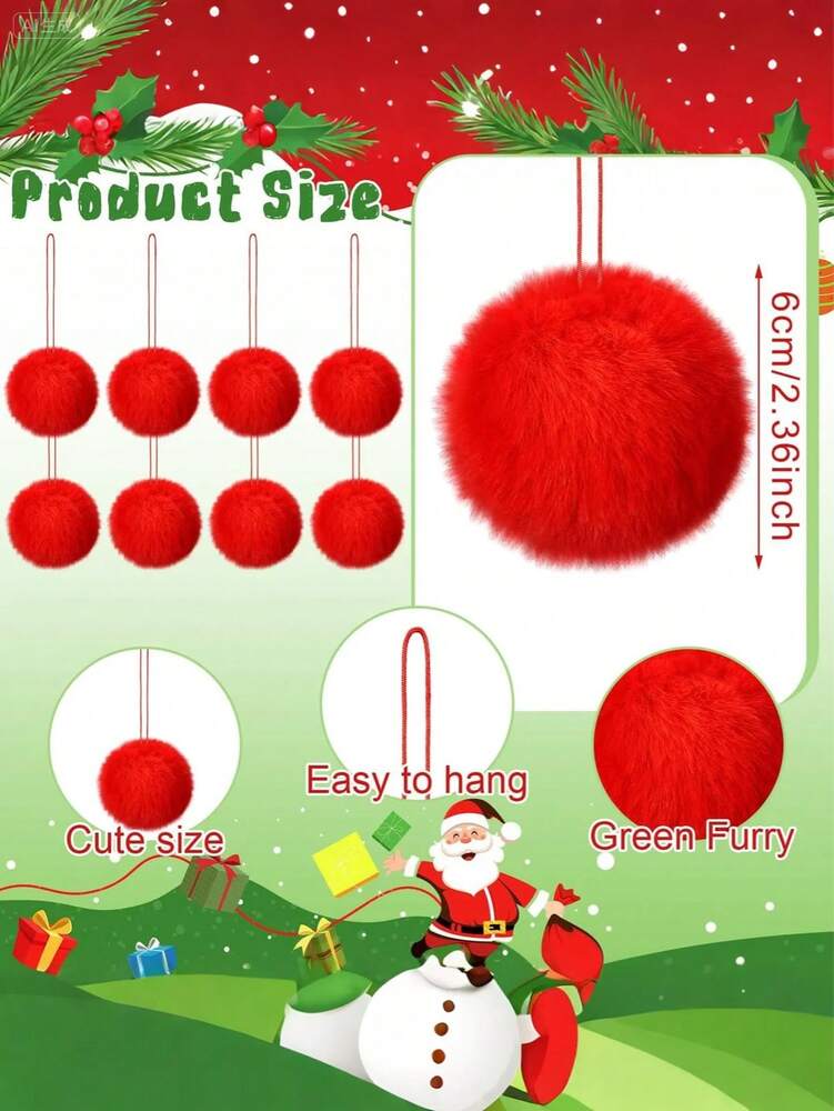 12pcs Red Fluffy Christmas Ball Ornament Set, Soft Faux Fur Tree Decorations for Home, Fireplace or Party Holiday Décor