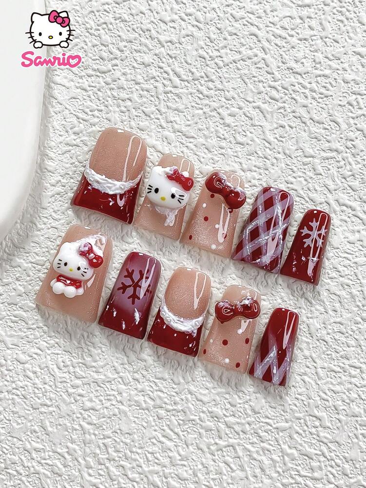 10pcs Sanrio Christmas Press-On Nails, 3D Hello Kitty Cat Eye Red Bow Design, Handmade Snow Polka Dot French Tips, Cute Holiday Nail Set for Parties