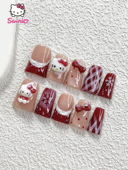 10pcs Sanrio Christmas Press-On Nails, 3D Hello Kitty Cat Eye Red Bow Design, Handmade Snow Polka Dot French Tips, Cute Holiday Nail Set for Parties