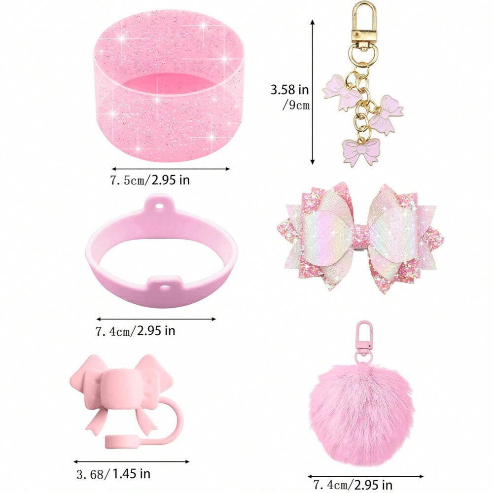 Bling Tumbler Accessory Set for 40oz/30oz Cups, Includes Silicone Bow Straw Topper, Leather Handle Strap & Decorative Charms