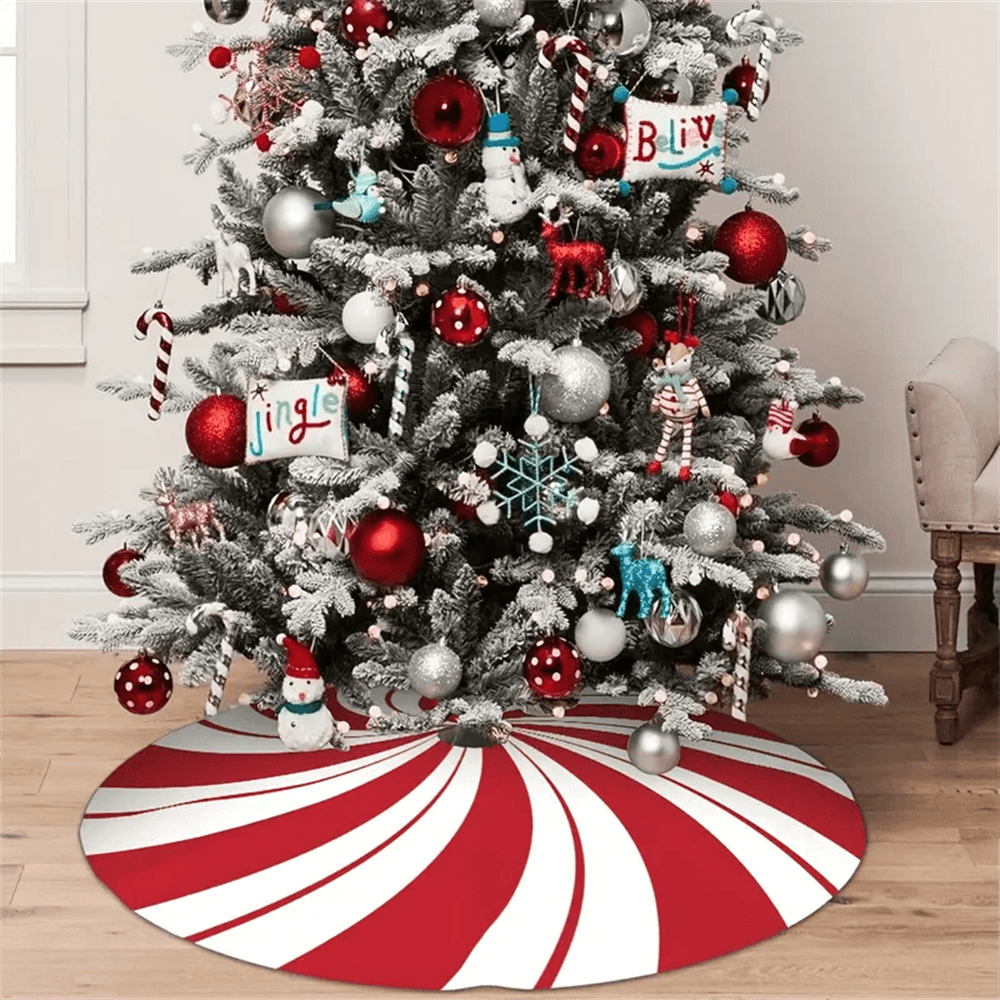 Peppermint Candy Christmas Tree Skirt, Rustic Red & White Swirl Design, Cozy Holiday Decoration for Living Room & Office