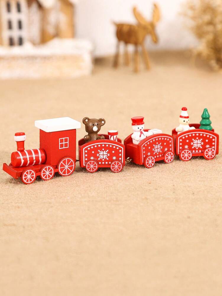Christmas Wooden Train Ornament, Four-Section Holiday Decoration for Table, Fireplace & Garden Christmas Home or Office Decor