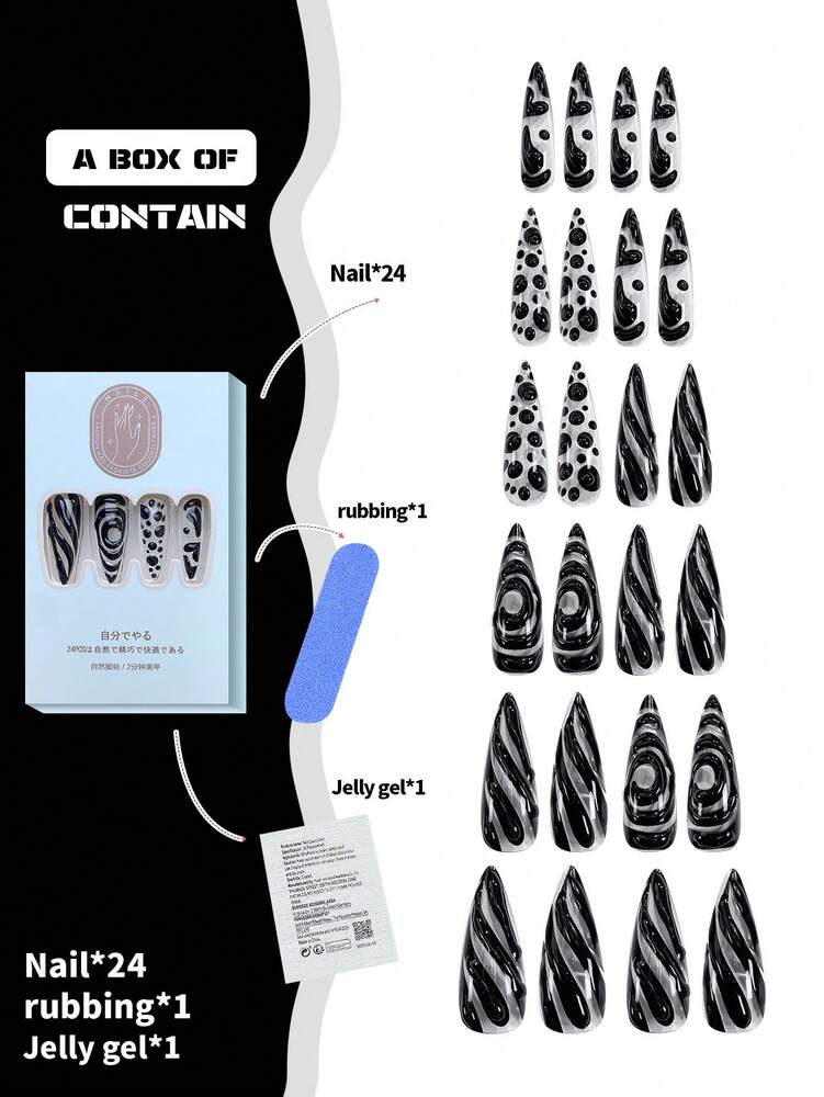 24pcs Long Pointed Handmade Press On Nails, Asymmetric Transparent Black Line Y2K Design, Glossy Nail Set With Glue & File For Party Daily Wear