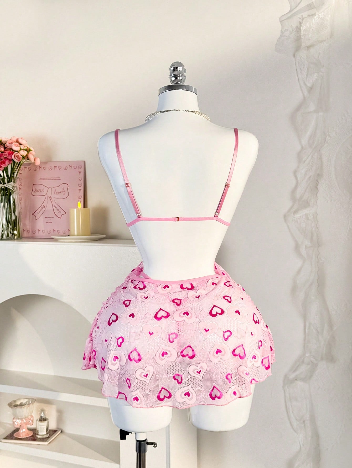 2pcs Women Pink Heart Pattern Camisole Set With Backless Design, Lightweight Fabric Construction, Coordinated Two-Piece Structure, Suitable For General Wear And Styling