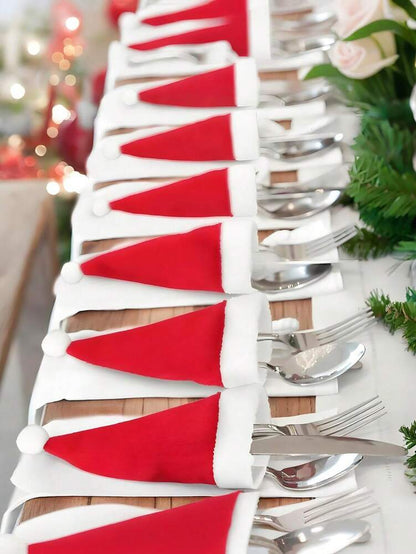 24pcs Mini Santa Hats, Red and White Pom-Pom Table Accessories for Christmas Dining, Wine Bottles, and Party Decorations