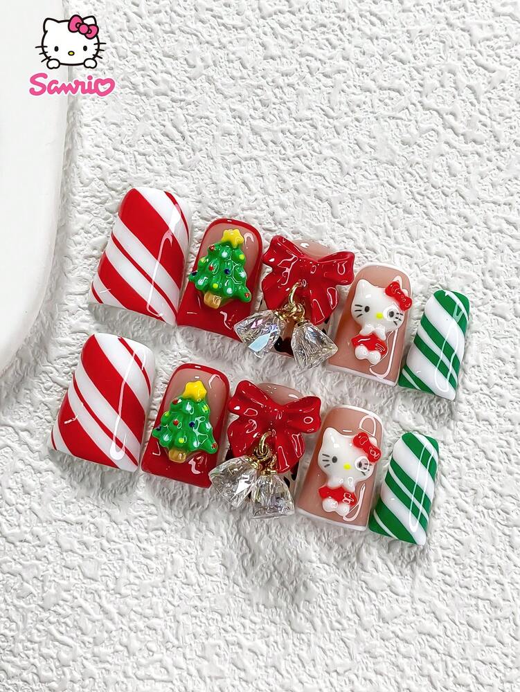 10pcs Christmas Bells Press On Nails, 3D Cute Kitty Design With Leopard Print And Tree Charms, Red And Green Glossy French Tips For Holiday Party Wear