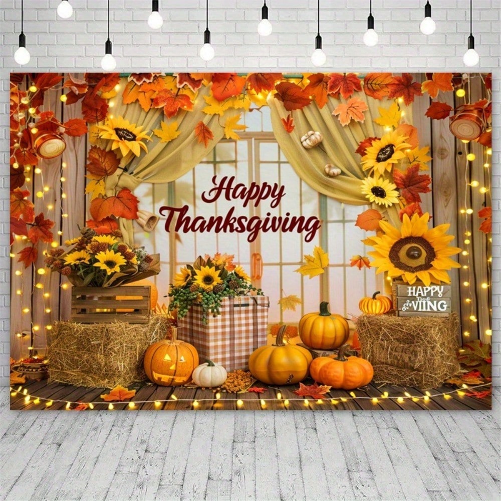 Thanksgiving Polyester Banner Backdrop, Pumpkin and Sunflower Harvest Theme, Non-Electric Autumn Decoration for Wall, Party, or Photo Booth Display