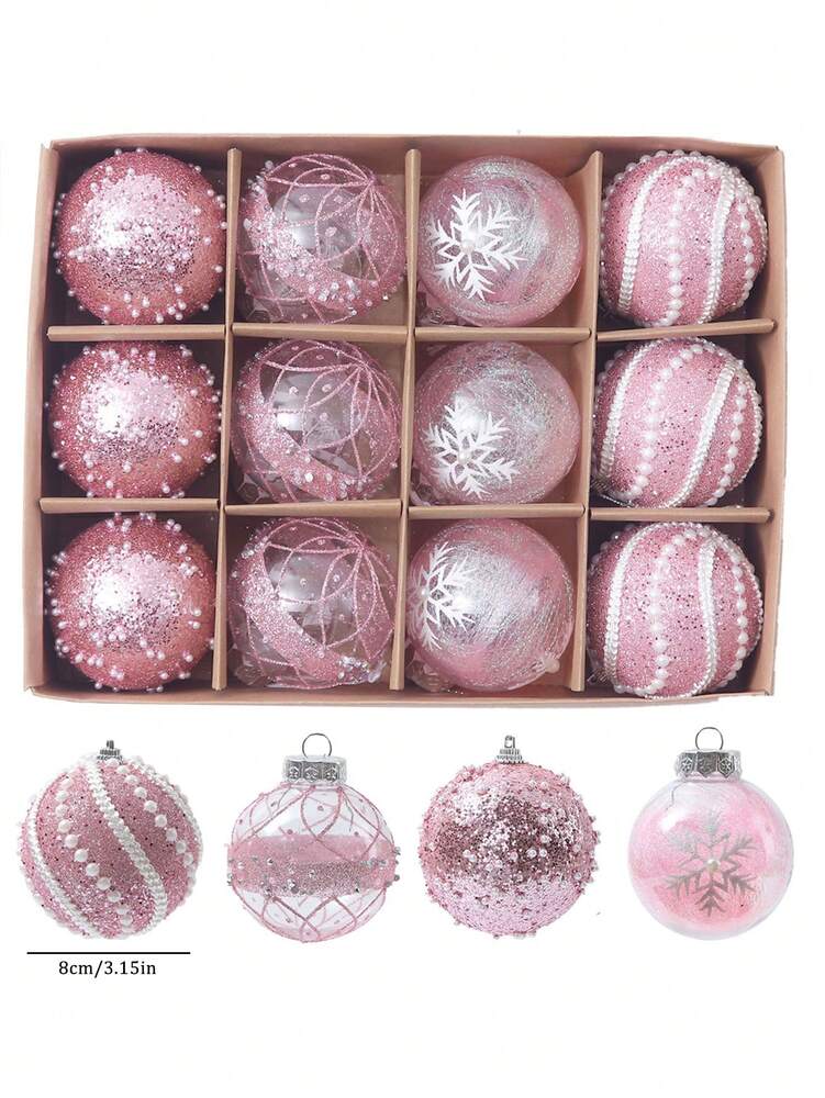 12pcs Clear Pink Christmas Ball Ornaments, 3.15-Inch Shatterproof Decorative Tree Baubles, Elegant Rustic Hanging Decorations for Holiday Parties