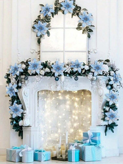 10pcs Blue Poinsettia Christmas Tree Flowers, 5.7" Artificial Holiday Ornaments, Reusable Feather-Free Floral Decorations for Xmas Trees & Home Décor