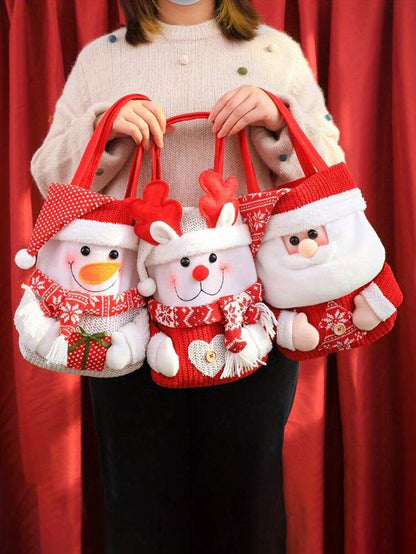 Christmas Gift Tote Bag with Santa, Snowman & Reindeer Design, Candy & Treat Bag with Flap Cap