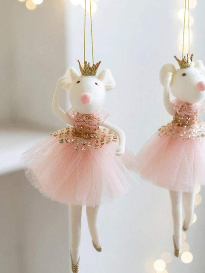 Pink Mesh Skirt Mouse Ornament with Golden Crown, Cute Christmas Tree Pendant, Aesthetic Holiday Decoration for Bedroom, Living Room or Office Decor