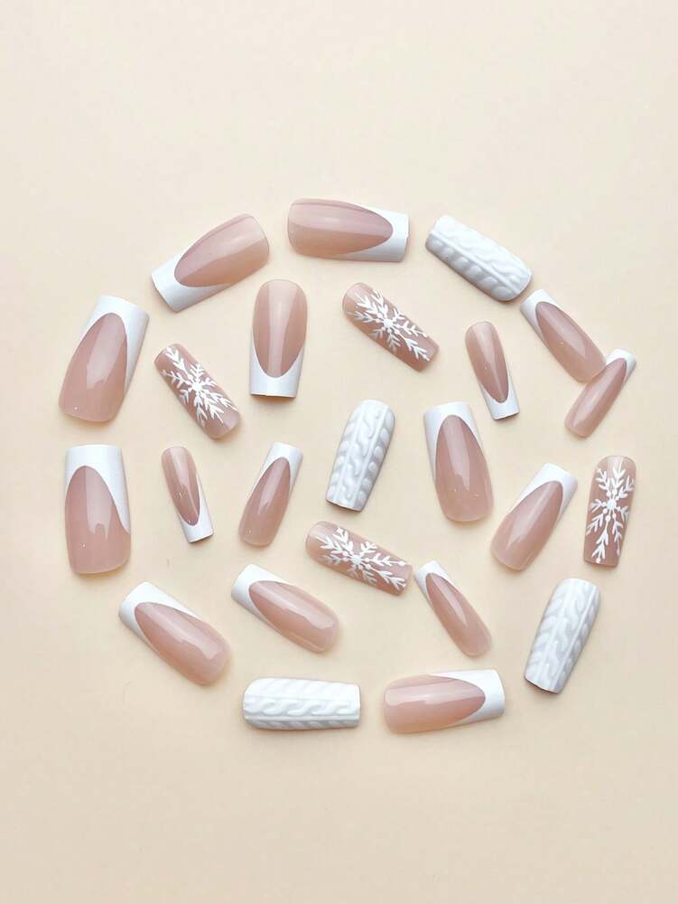 24pcs Christmas White French Press On Nails, Sweater Texture And Snowflake Design, Medium Length Holiday Nail Set With Jelly Gel & File