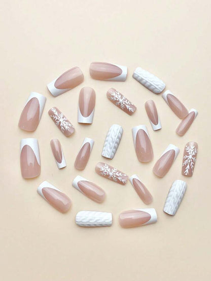 24pcs Christmas White French Press On Nails, Sweater Texture And Snowflake Design, Medium Length Holiday Nail Set With Jelly Gel & File