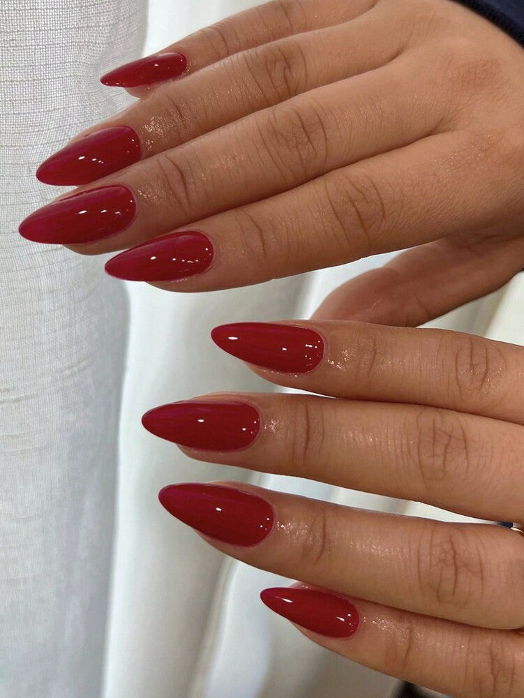 24pcs Long Almond Red Press On Nails, Glossy Full Cover Acrylic Nail Set, Elegant Design For Women Daily Work Or Special Occasions
