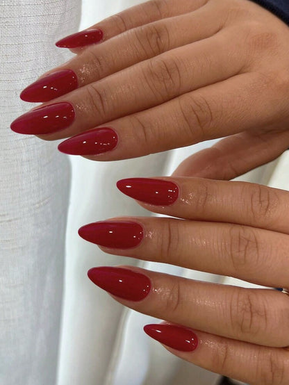 24pcs Long Almond Red Press On Nails, Glossy Full Cover Acrylic Nail Set, Elegant Design For Women Daily Work Or Special Occasions