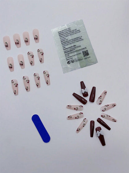 24pcs Long Coffin Cherry Press On Nails, 3D Glossy Painted Fruit Design, Handmade Acrylic Nail Set With Glue & File For Women Party Wear